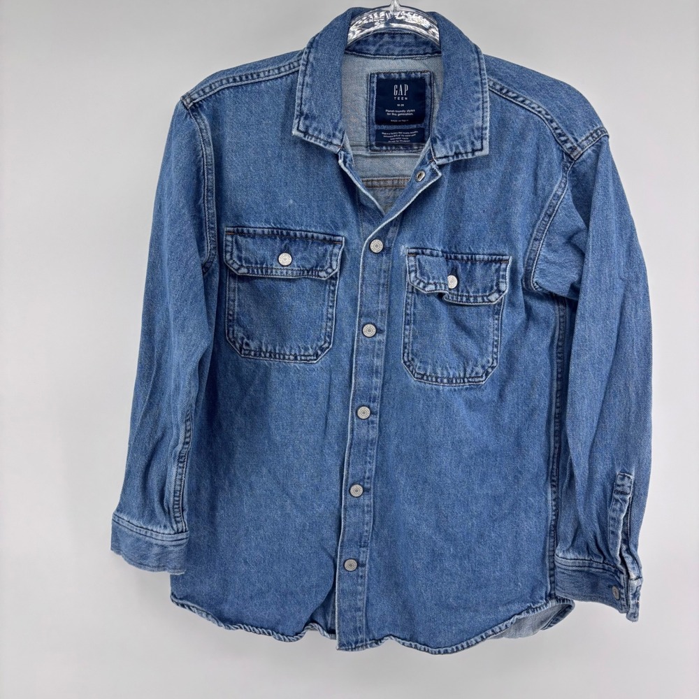 GAP Teen Denim‎ Shirt Jacket Button Front Pockets Size 18-20 Kids Blue Casual